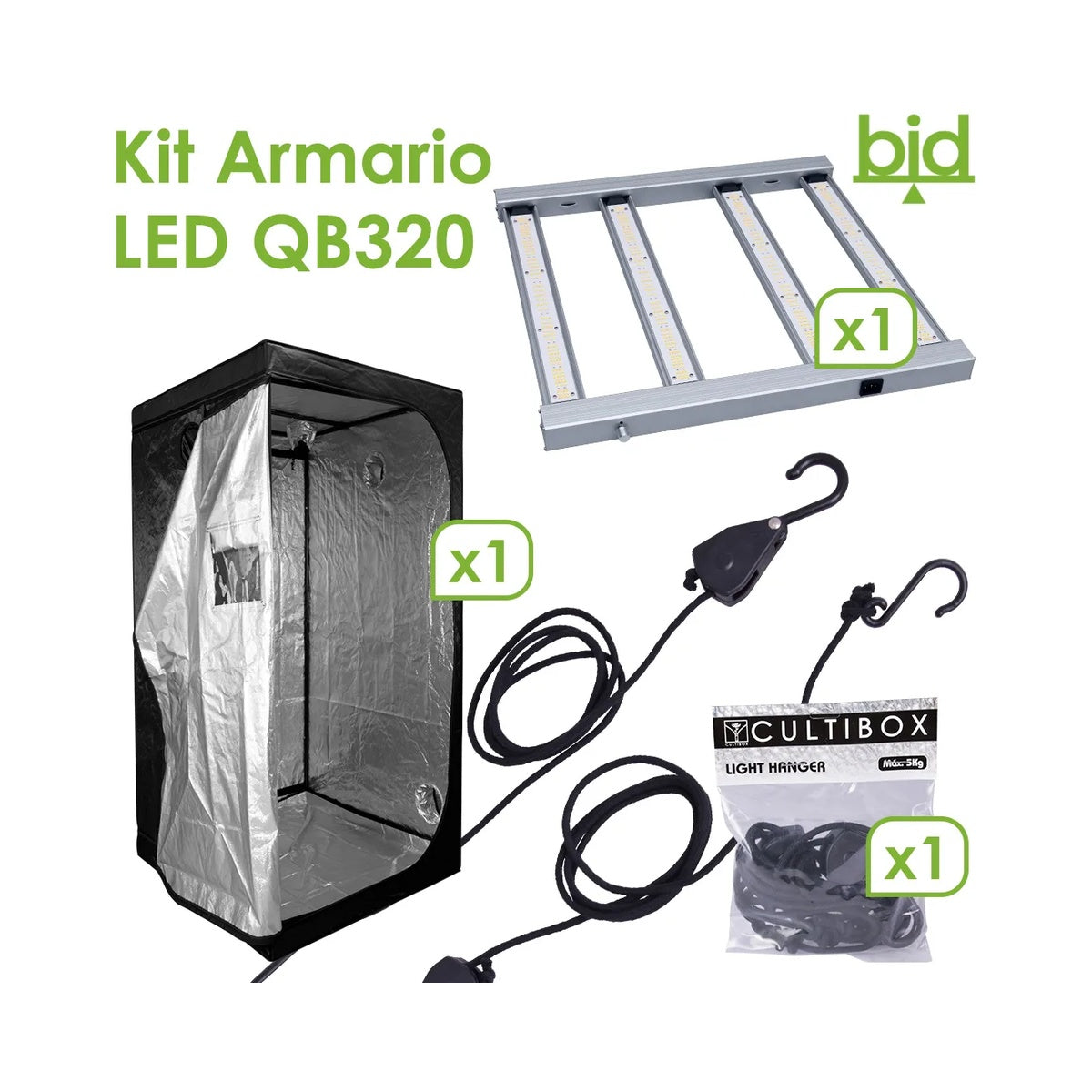 Kit CultiBox 80 x 80 con LED QB 320 W Agrolite y poleas