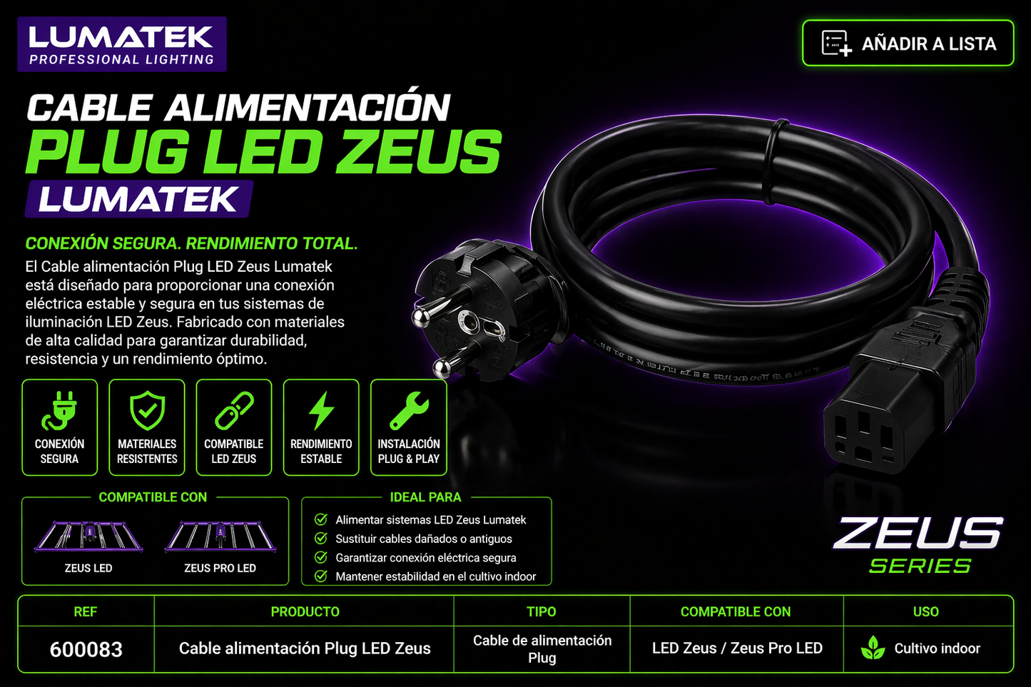 Cable alimentación Plug LED Zeus | lumatek