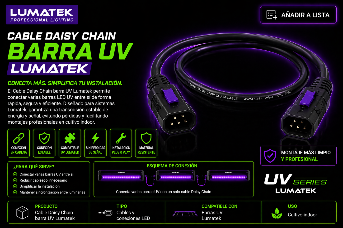 Cable Daisy Chain barra UV | Lumatek