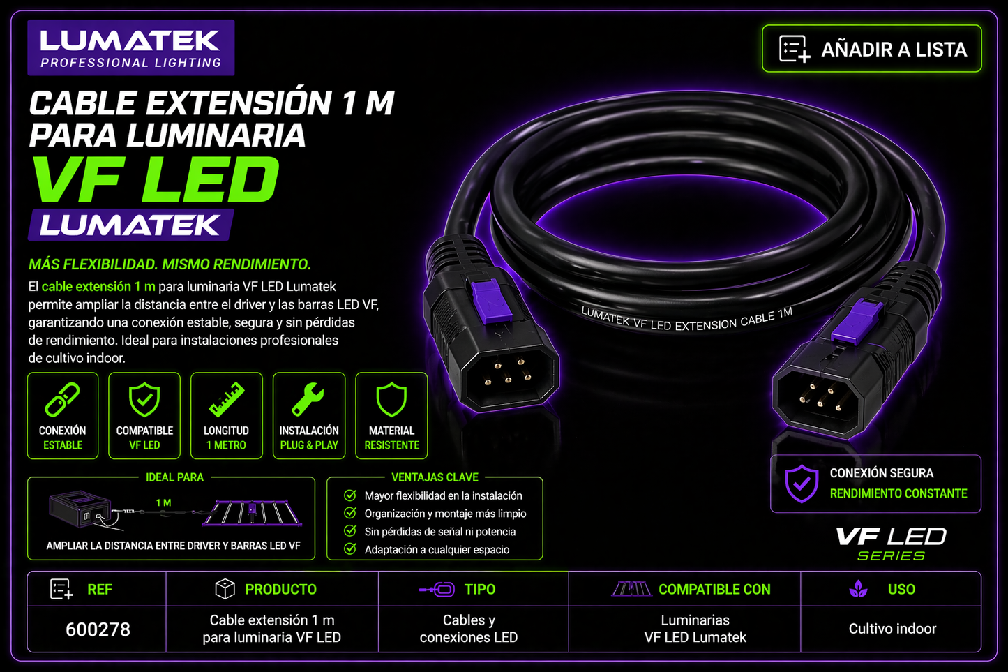 Cable extensión 1 m para luminaria VF LED | lumatek
